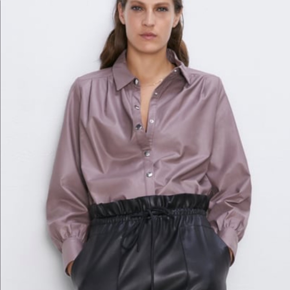 Zara Faux Lather Button Down Shirt in Blush